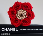 Flowerbox Longlife rozen | Doos zwart | Roses red/gold | 7 rozen | cadeau vrouw | cudoo.nl | cudoo flowers