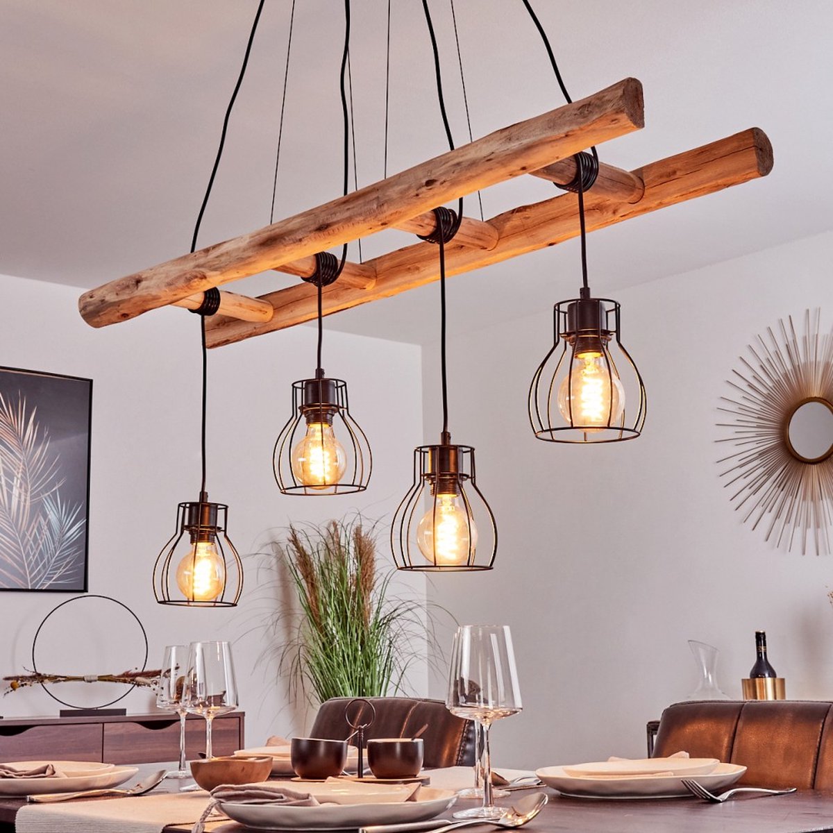 Belanian.nl - Boho-stijl, vintage hanglamp zwart, licht hout, 4 lichts , Scandinavisch,E27 fitting,Industrieel, modern Hanglamp voor Eetkamer, keuken, slaapkamer, woonkamer