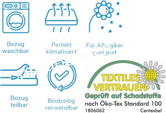 Iconen: wasbare hoes, klimaatregelend, geschikt voor allergici, deelbare hoes, dubbelzijdig te gebruiken. Certificaat "Textiles Vertrauen".