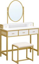 WoonWerkInterieur - Kaptafel Set - Tafel - Wit - Gouden Details -  Inclusief Spiegel - Ovale Spiegel - Kruk - 90x40x148,4 cm