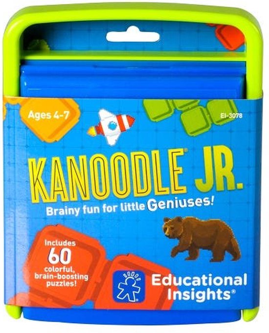 Verpakking van Kanoodle Jr. met leeftijdsindicatie 4+, afbeeldingen van een ruimteraket en een beer
