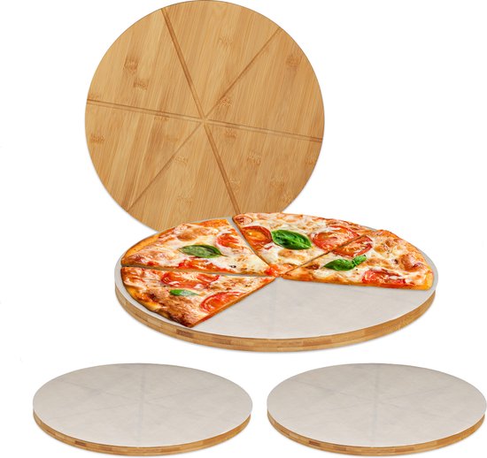 Foto: Relaxdays 4x pizzaplank bamboe rond serveerplank 33 cm bakpapier pizzabord set