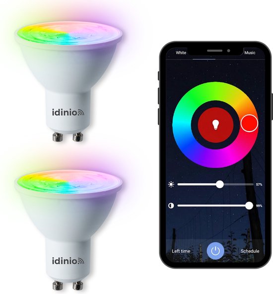 IDINIO WIFI GU10 led lampen met App - Color + White - Dimbaar - 2 x Slimme spot GU10