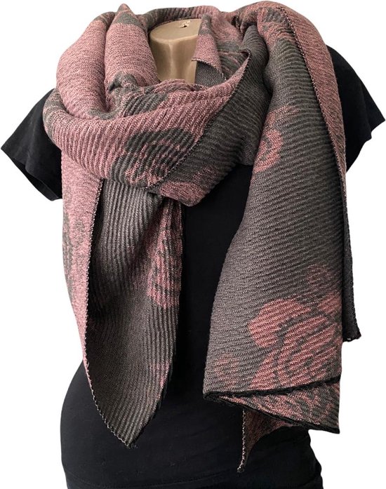 Lange Warme Sjaal - Bloemenprint - 2-Zijdig - Roze/Grijs - 200 x 65 cm