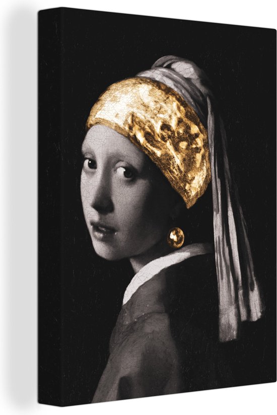 Canvas Schilderij Meisje met de parel - Vermeer - Goud - 90x120 cm - Wanddecoratie