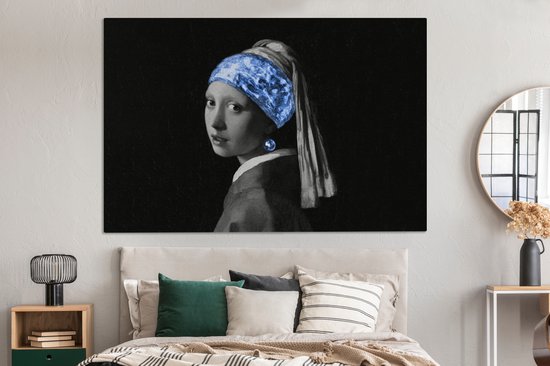 Tableau sur toile Fille à la boucle d'oreille en perle - Vermeer - Blauw - 150x100 cm - Décoration murale