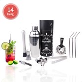 Mondio 14 Delige Cocktail Set – Cocktail Shaker Set – Shaker – Luxe Cadeauverpakking – Flesopener – RVS Rietjes – Schenktuit – Ijstang – Jigger/Maatbeker – Zeef – Lepel – 750 ML