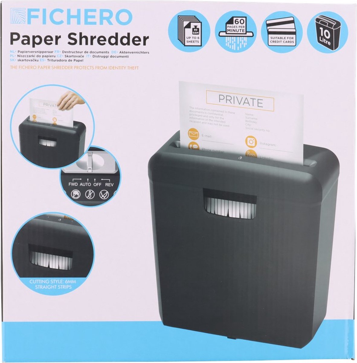 Fichero - Papierversnipperaar - 6x A4 - Creditcards - 10L - Zwart thumbnail 2