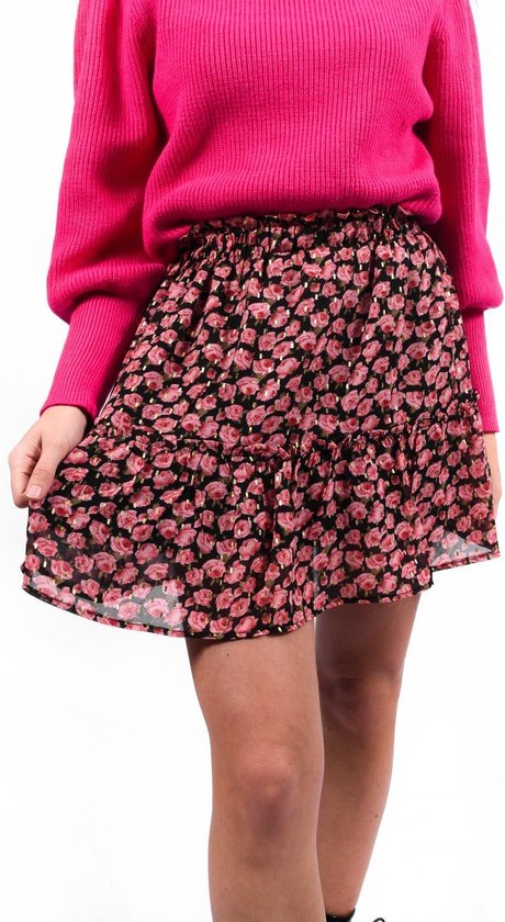 Flower rok | Rok dames | Bloemenprint | Glitter strookjes | Ruffle | Elastieken band | Kleur Roze | Maat S