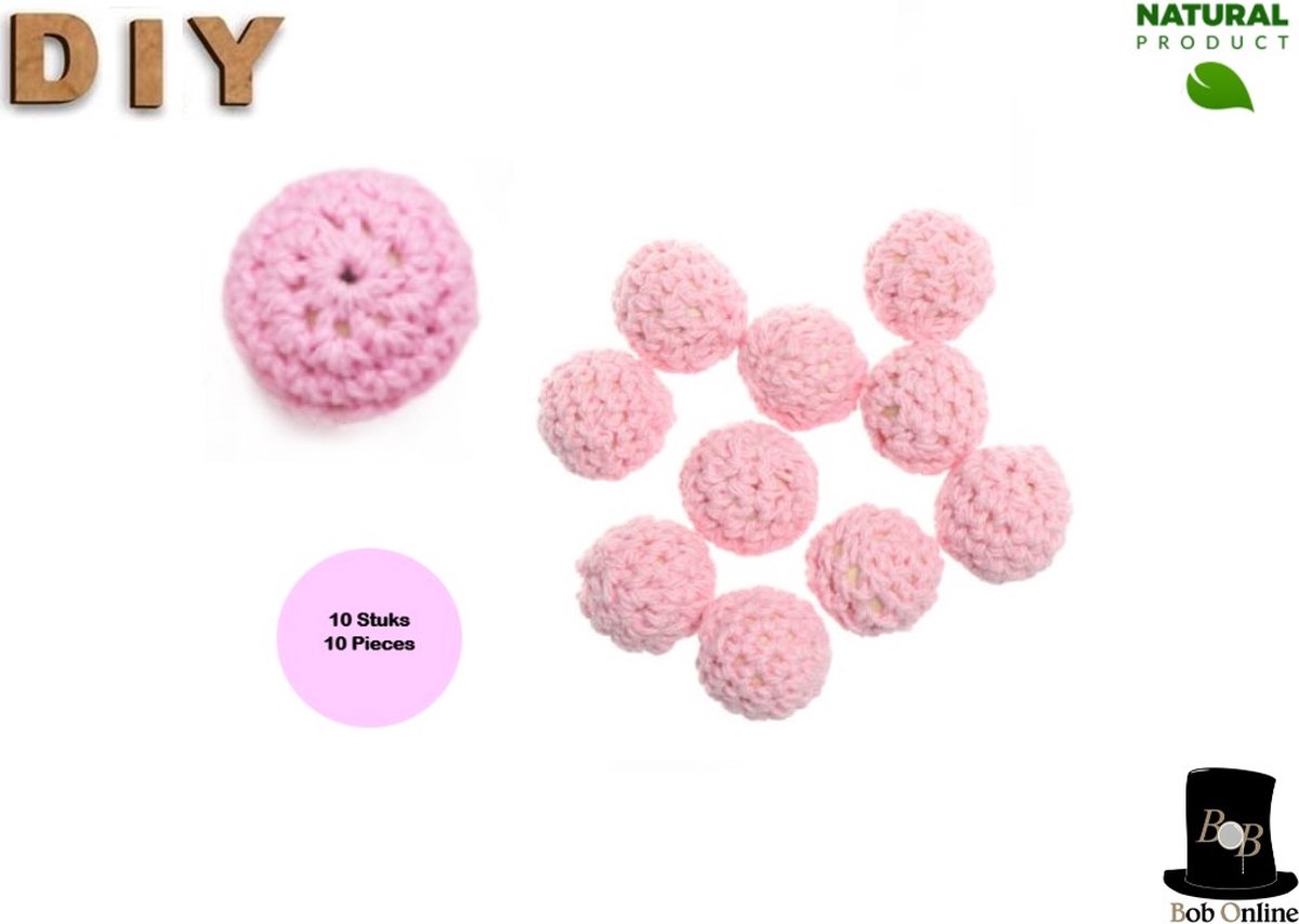 Bob Online ™ – Roze - Ronde Gehaakte DIY Houten Kralen 16mm met ca. 3-4mm gaatje - 10 Stuks -  Roze Gehaakte Kralen - Houten Kralen - Rijgkralen - Kralen Rijgen - Huisdecoraties enz. - 16mm Pink Crochet Beads
