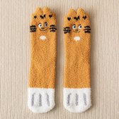 Huissokken dames - fluffy sokken - geel / bruin - met ogen - kat - dikke sokken - 36-40 - zacht