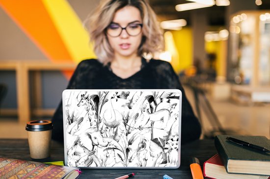 Sticker pour ordinateur portable - 14 pouces - Aquarelle animaux et plantes de la jungle sur fond blanc - noir blanc