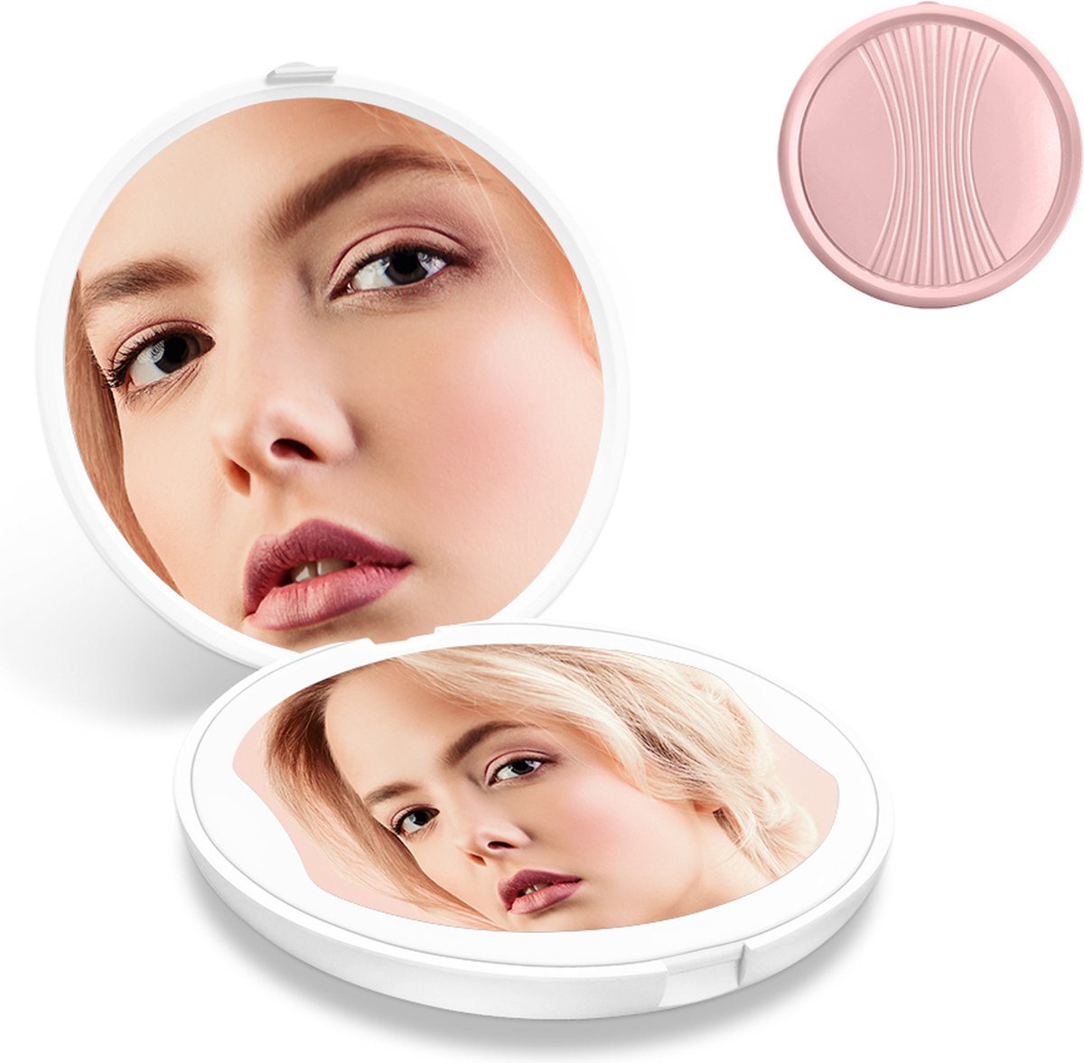 Compact Make-up Spiegel met Tru-Daylight Verlichting - 5x Vergroting en inklapbaar | LED verlichting | Scheerspiegel | Roze - Merkloos