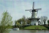Een Nederlandse uitstraling heeft deze blanco wenskaart vanwege de mooie molen aan de overkant van het meer. Een prachtige natuurlijke afbeelding. Een dubbele wenskaart inclusief e