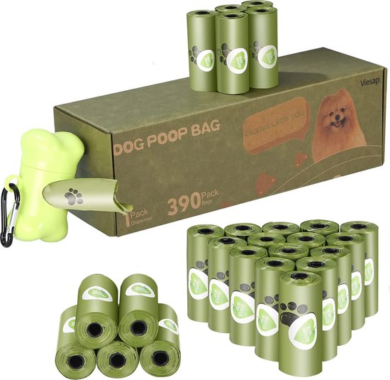 Sacs à Sacs à déjections canines, sacs à crottes pour chiens de 390 pièces avec distributeur de sacs, amidon de maïs, étanches et inodores, sacs pour chiens extra épais et grands, faciles à déchirer, vert