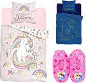 Unicorn dekbedovertrek- 1 persoons 140x200- katoen- Glow in the Dark ! incl. Unicorn-huis slofjes mt 35-38.