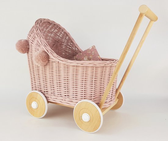 Rieten poppenwagen oudroze - houten onderstel + pompons roze | bol.com