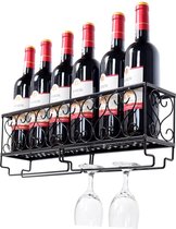 LUXGOODS wijnrek metaal, wijnfles plank met glashouder, Aan de muur bevestigde huis, keuken en bar decoratieve opslag planchet display
