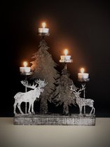Waxine holder two Christmas trees two deers 33.7 cm hoog - theelichthouder - kandelaar - metaal - hout - grijs - decoratiefiguur - interieur - geschikt voor binnen - cadeau - geschenk - kerst