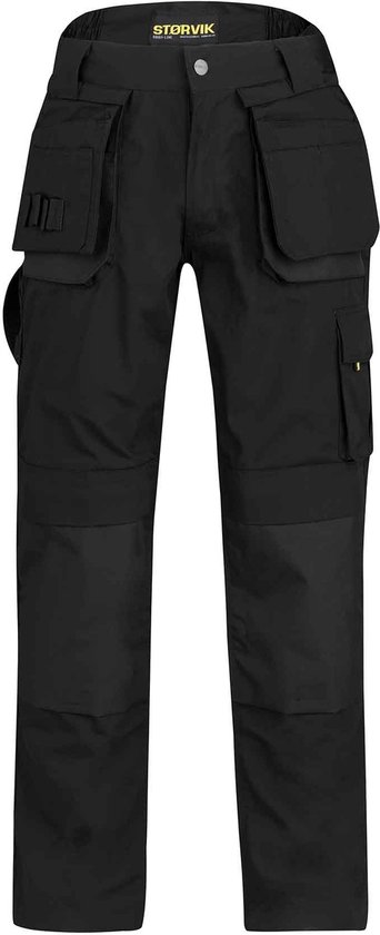 Pantalon de travail noir de STORVIK avec renforts gris sur les genoux et poches plaquées. Vue de face.