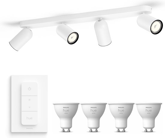 Philips myLiving Pongee Opbouwspot White GU10 - 4 Hue Lampen en Dimmer Switch - Wit Licht - Dimbare Plafondspots - Wit