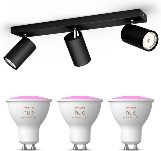 Philips myLiving Kosipo Opbouwspot White & Color Ambiance GU10 - 3 Hue Lampen - Wit en Gekleurd Licht - Dimbare Plafondspots - Zwart