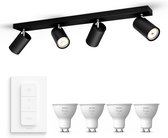 Philips myLiving Kosipo Opbouwspot White GU10 - 4 Hue Lampen en Dimmer Switch - Wit Licht - Dimbare Plafondspots - Zwart