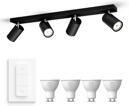 Philips myLiving Kosipo Opbouwspot White GU10 - 4 Hue Lampen en Dimmer Switch - Wit Licht - Dimbare Plafondspots - Zwart - Philips Hue