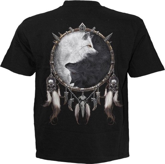 Spiral Men's Wolf Dreams T-Shirt – Black With Dreamcatcher & Wolf Howling At Moon Design
