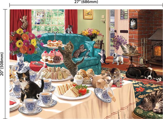 1000-delige puzzel van een chaotische theetafel vol met katten en een hond, zittend op een bank en aan tafel.