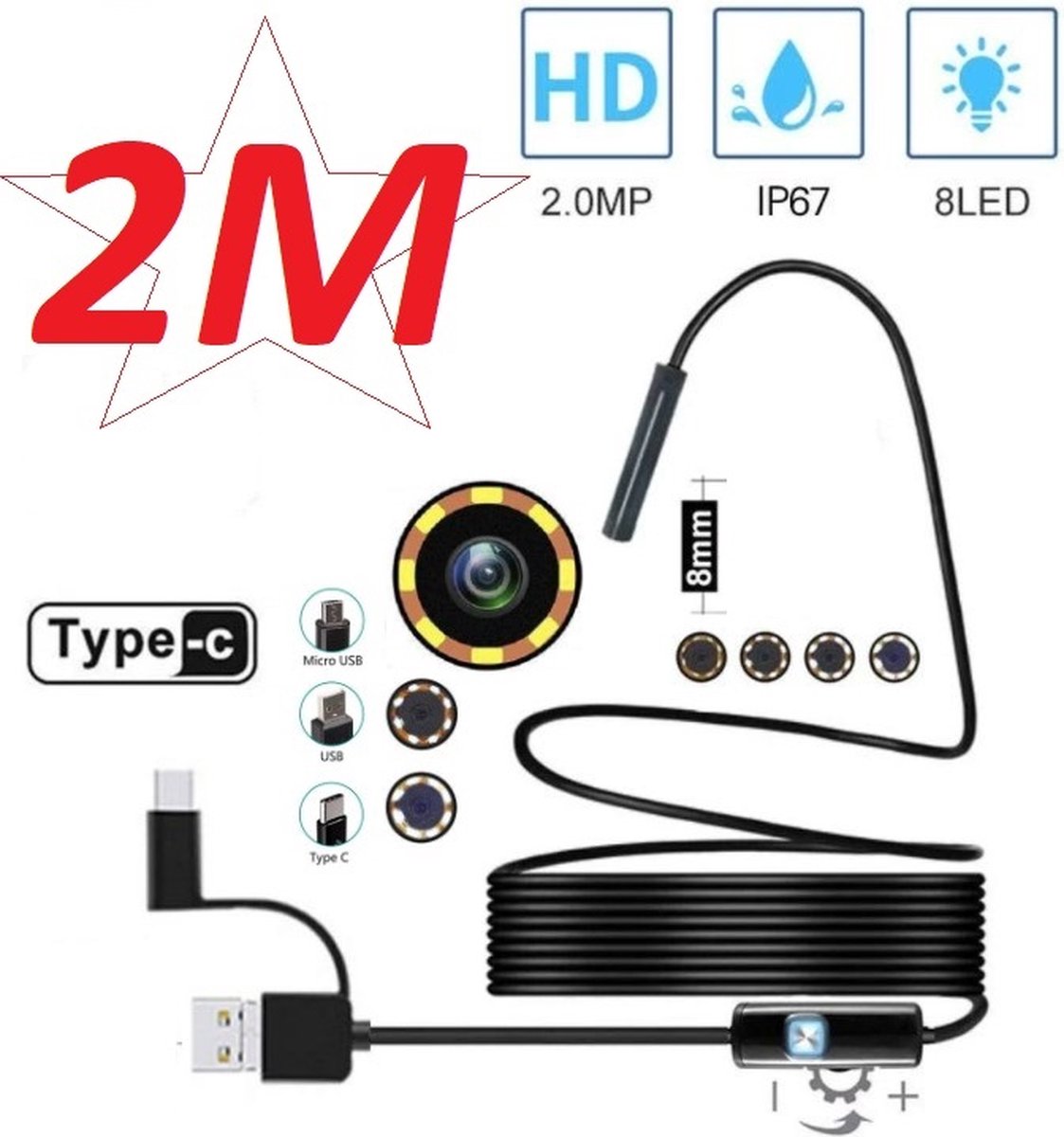 Xtabarya HD Camera 1200P 8mm 1M 2M 5M USB Endoscoop Semi-rigide