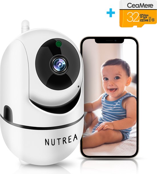 Nutrea – Babyfoon met Camera en App – Huisdiercamera – Camera Beveiliging – Wifi Camera – Full HD – Spraakfunctie – Nachtvisie – Met 32 GB SD Kaart – Wit