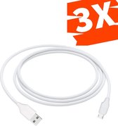 3x Rubberen USB naar Micro-USB Kabel - 12W - Extra Sterk & Lang 2 Meter - Wit - Voor oudere GSM, Smartphone, Controllers, Speakers