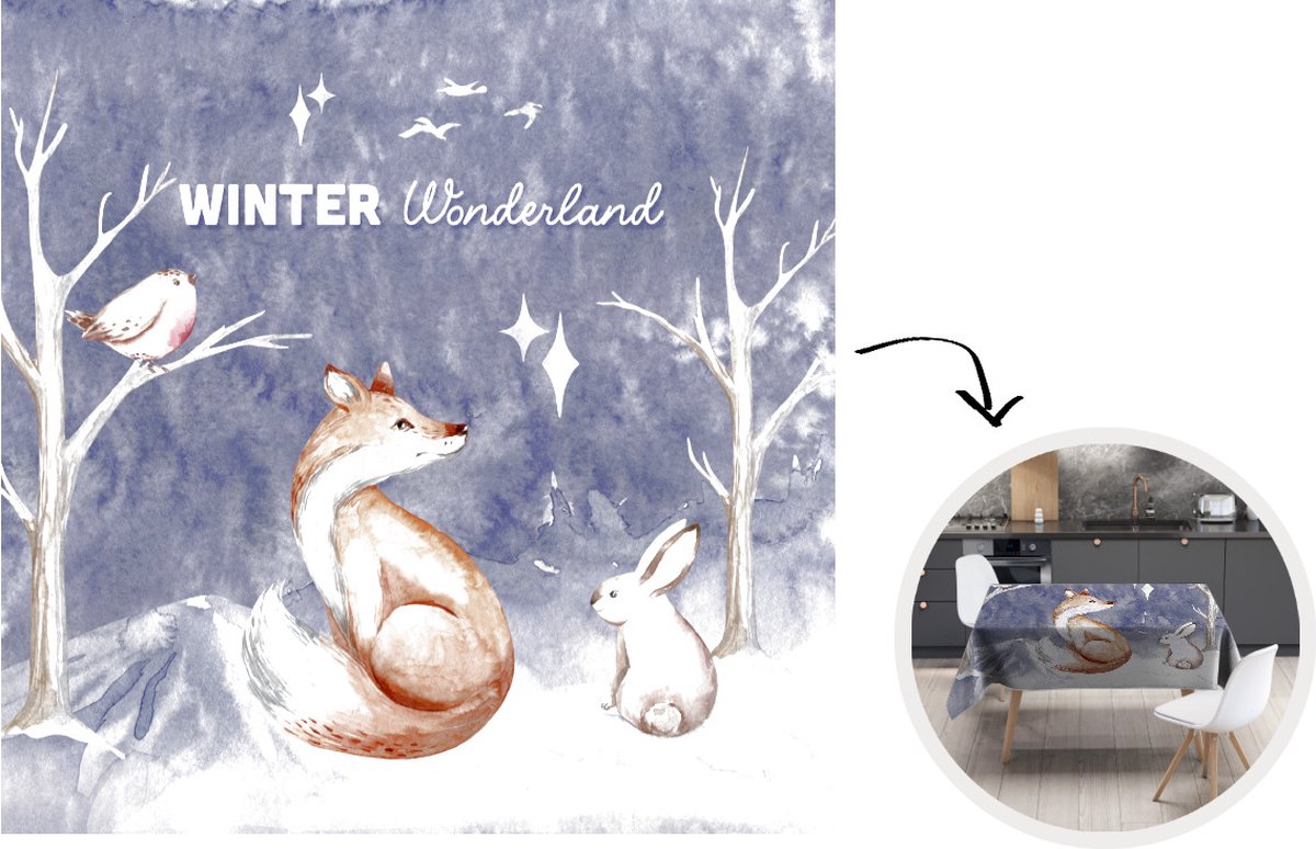 Tafelkleed - Tafellaken - 150x150 cm - Winter - Sneeuw - Vos - Binnen en Buiten