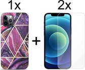 iPhone 13 hoesje marmer paars siliconen case apple hoes cover hoesjes - 2x iPhone 13 Screenprotector