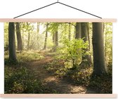 Posterhanger incl. Poster 120x80 cm - Schoolplaat - Bos - Bomen - Pad - Zon - Planten - Bladeren - Natuur - Textielposter - Blanke latten