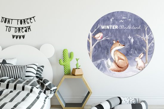 WallCircle - Stickers muraux - Cercle Papier Peint - Hiver - Neige - Renard - 120x120 cm - Cercle Mural - Auto Adhésif - Sticker Papier Peint Rond XXL