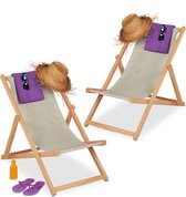 Relaxdays strandstoel hout - 2 stuks - inklapbare tuinstoel - verstelbare klapstoel -beige