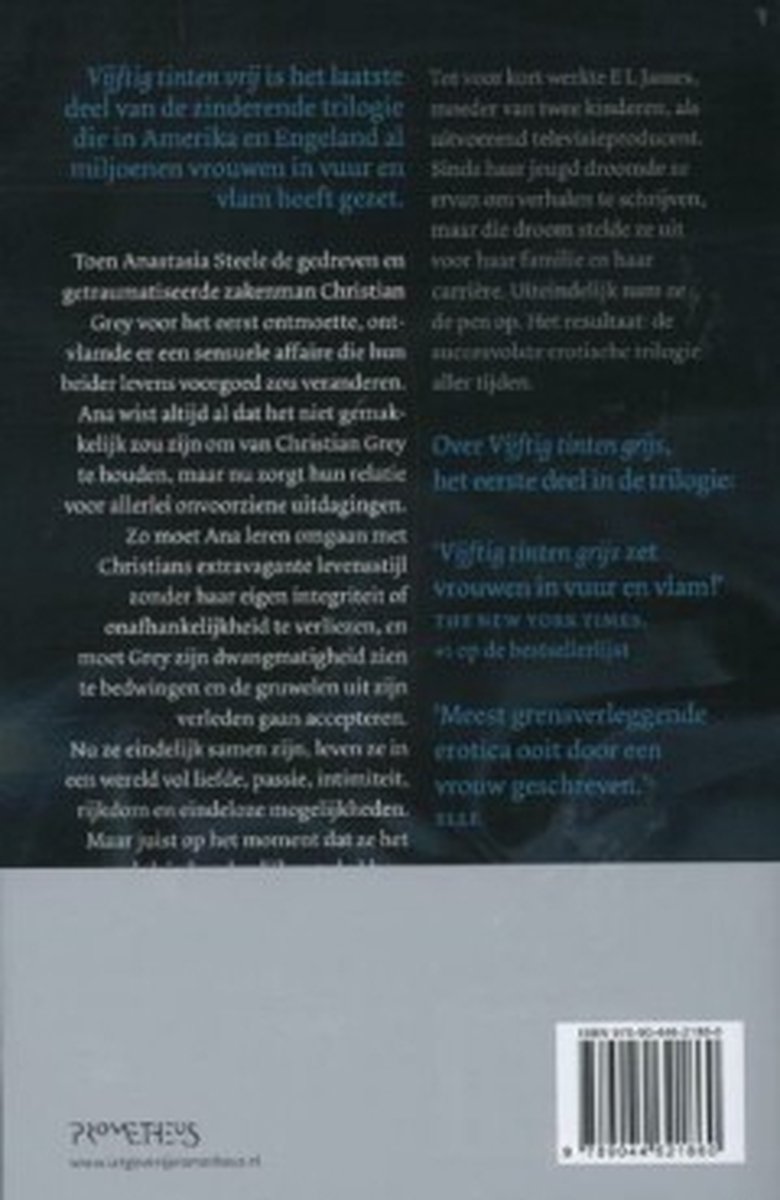 Boekomslag van Vijftig tinten vrij met tekst. Achterkant met achterflaptekst over Christian Grey en Anastasia Steele.
