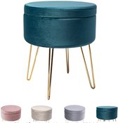 Luxury Buy® makeup tafel stoel -kaptafel kruk- fluweel-poef- ottoman- met opbergruimte- afneembare hoes-turquoise-goud