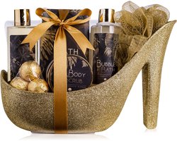 Verjaardag cadeau vrouw - Badset in glitter pump Goud - Beautiful shine - Vanilla Almond - Geschenkset vrouwen, moeder, vriendin, zus, oma, mama - Grappig cadeautje - Verwenpakket Vrouw