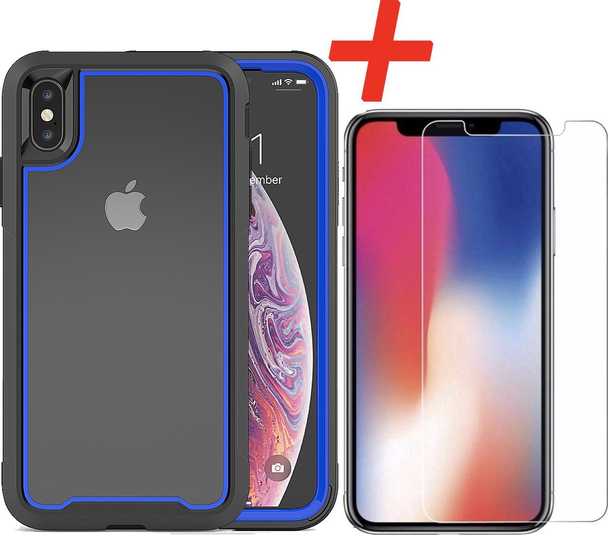 Backcover geschikt voor Apple iPhone X / XS - Blauw - Shockproof + Glas Protector