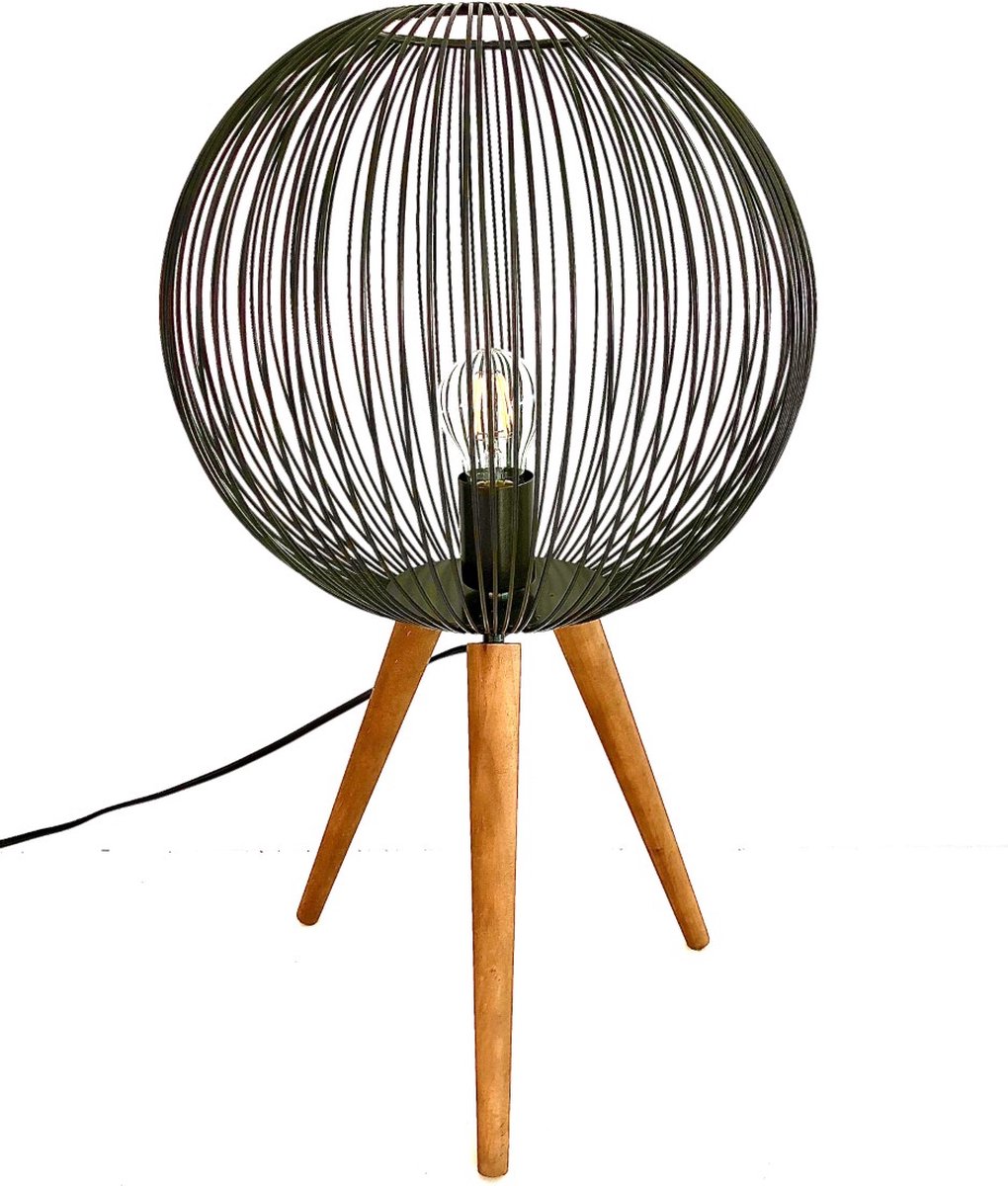 Black Cage Globe Lamp on 3 Wooden Feet 75,5 cm hoog - tafellamp - vloerlamp - lamp industrieel - industriestijl - metaal Lamp - verlichting voor binnen - verlichting voor uw interieur - bruin metaal - interieurdecoratie - woonaccessoire - cadeau