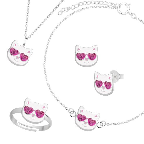 Cadeau meisje | Sieraden set | Kinderoorbellen, complete set witte kat met roze