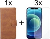 iPhone 13 hoesje bookcase bruin apple wallet case portemonnee hoes cover hoesjes - 3x iPhone 13 screenprotector