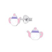 Joy|S - Zilveren theepot oorbellen - glitter wit met roze