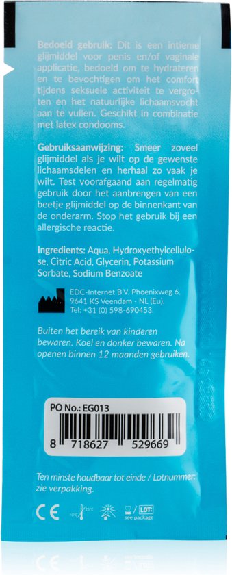 Dos du paquet de lubrifiant EasyGlide à base d'eau avec instructions d'utilisation et ingrédients.