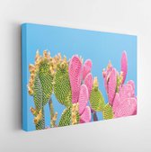 Trendy tropische Cactus plant op blauwe kleur achtergrond. Minimal Art modieus concept. Creatieve cactussenstijl. - Moderne kunst canvas - Horizontaal - 1158355147 - 115*75 Horizon
