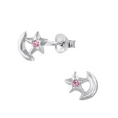 Joy|S - Zilveren ster oorbellen - 8 x 7 - ster op de maan - kristal roze