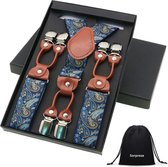 Chique moderne bretels - Blauw paisley dessin - Sorprese - middenbruin leer - 6 stevige clips - heren - unisex